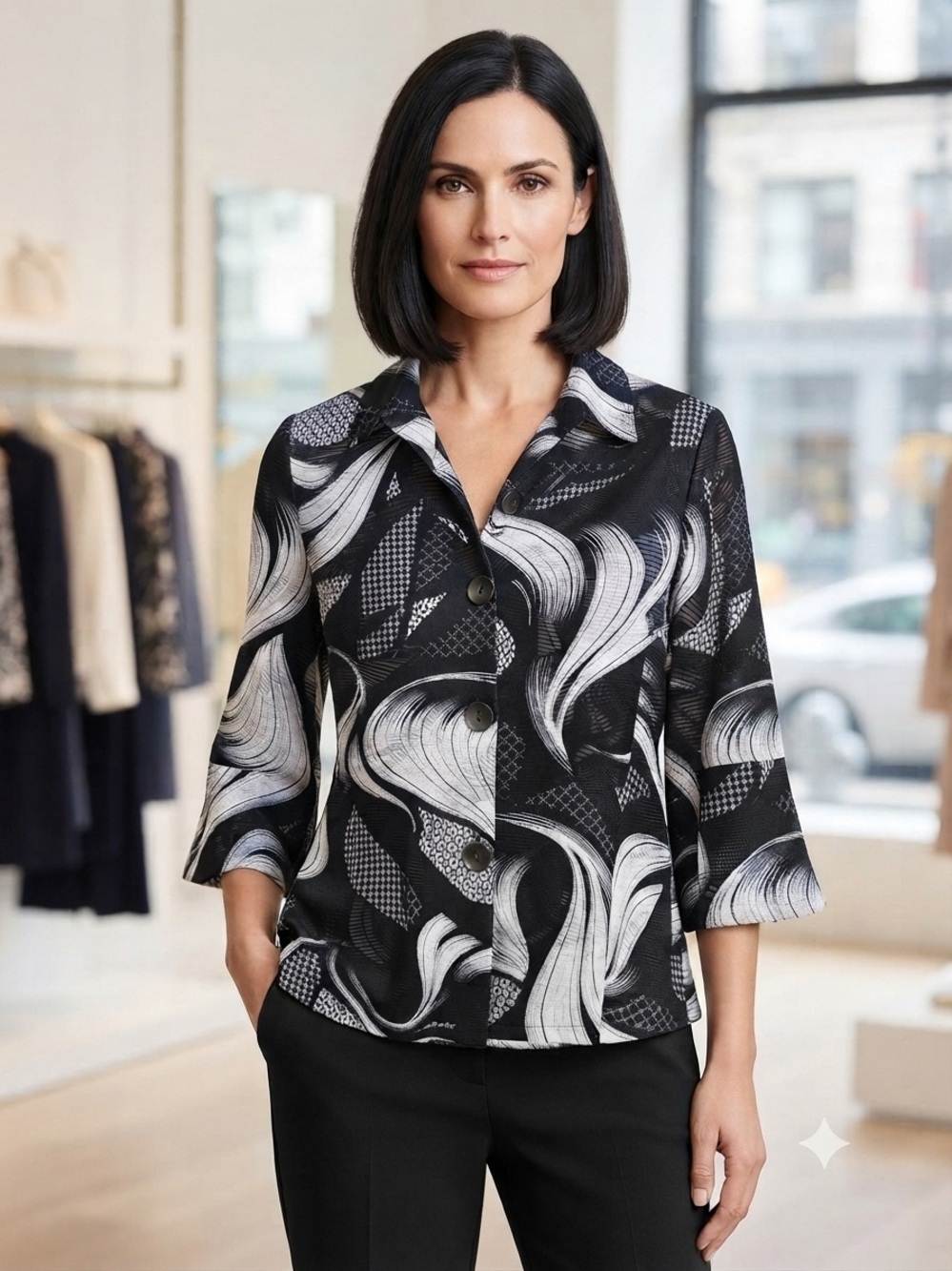 Joseph Ribkoff Black and White Patterned Button-Front Top NWT